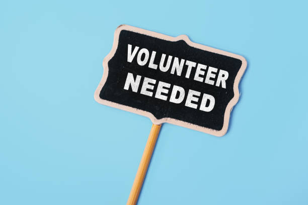 VOLUNTEER NEEDED - text on a small chalkboard on a blue background. Top view. Life and business motivational inspirational concept