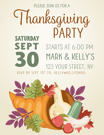 An invitation template for a harvest party of fall gathering with placeholder text and fall elements. Text is on its own layer.