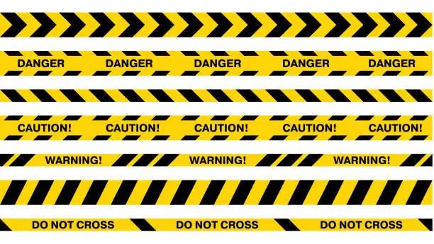 Vector illustration of Security Caution Tape Set. Yellow Warning Ribbons. Abstract Stripes for Police, Accident, Under Construction. Danger Tape. Seamless Vector collection