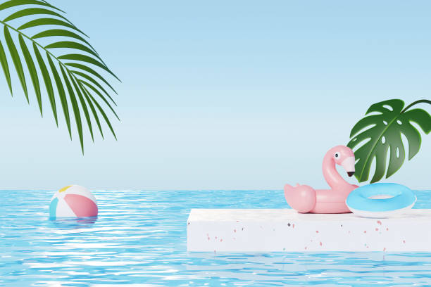 istock Summer vacation abstract product display, Minimal Realistic Display Podium in the blue ocean sea background concept, Cosmetics with tropical summer island, umbrella, inflatable ring. 3d rendering 1498213002