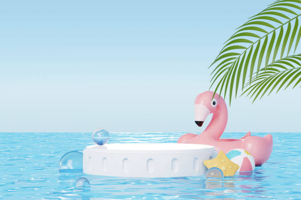 istock Summer vacation abstract product display, Minimal Realistic Display Podium in the blue ocean sea background concept, Cosmetics with tropical summer island, umbrella, inflatable ring. 3d rendering 1498213042
