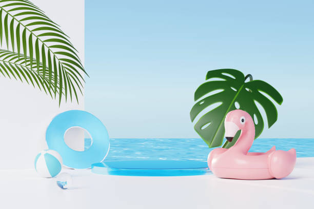 istock Summer vacation abstract product display, Minimal Realistic Display Podium in the blue ocean sea background concept, Cosmetics with tropical summer island, umbrella, inflatable ring. 3d rendering 1498213072