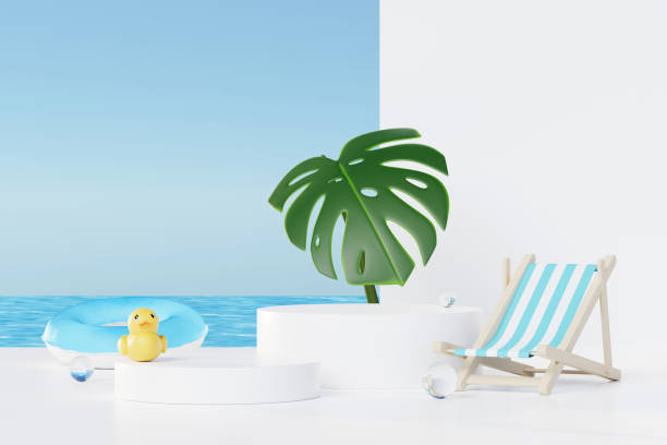 istock Summer vacation abstract product display, Minimal Realistic Display Podium in the blue ocean sea background concept, Cosmetics with tropical summer island, umbrella, inflatable ring. 3d rendering 1498213079