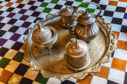Looking down on a decorative traditional coffee , tea set on a tray