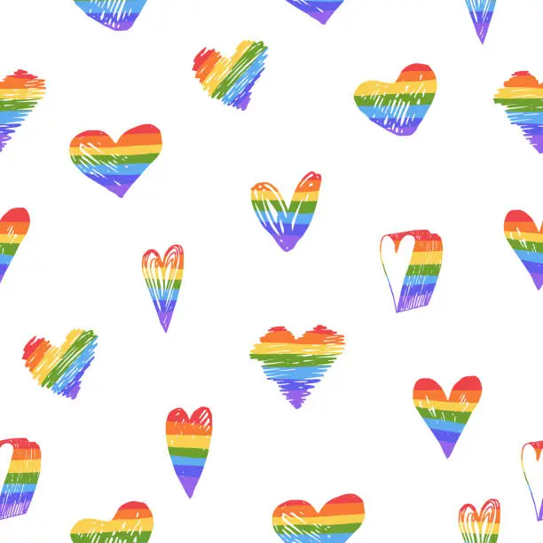 Vector illustration of Seamless pattern with hand drawn hearts in rainbow color isolated on white background