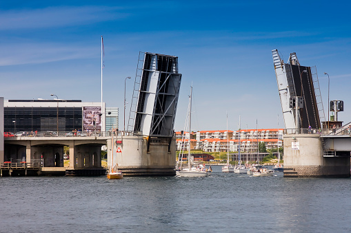 Opened Bascule bridge at the port of Sonderborg, Sonderborg, Denmark, Europe