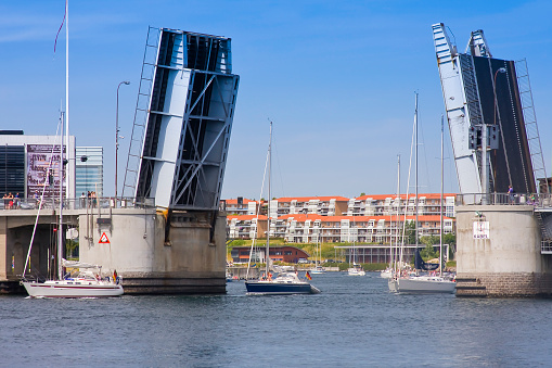 Opened Bascule bridge at the port of Sonderborg, Sonderborg, Denmark, Europe