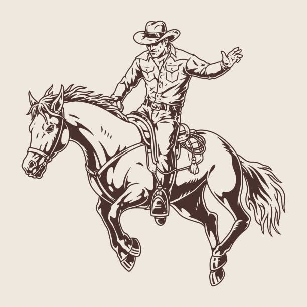 ilustrações de stock, clip art, desenhos animados e ícones de rodeo rider vintage sticker monochrome - cowboy