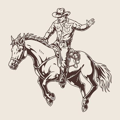 Rodeo rider vintage sticker monochrome with bronco trying to throw off cowboy male for advertising extreme sport event vector illustration