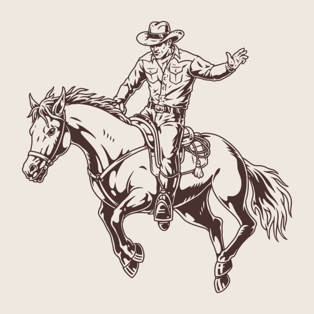 Rodeo rider vintage sticker monochrome Rodeo rider vintage sticker monochrome with bronco trying to throw off cowboy male for advertising extreme sport event vector illustration vintage cowboy stock illustrations