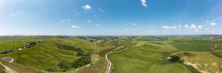 Aerial view of Tuscany Italy green fields and rolling hills Very high resolution panoramic image