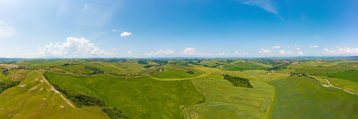Aerial view of Tuscany Italy green fields and rolling hills