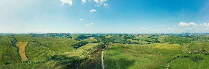 Aerial view of Tuscany Italy green fields and rolling hills Very high resolution panoramic image