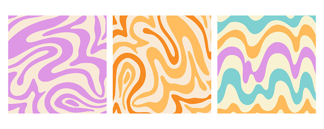 Retro Groovy Background collection, Trendy 70s Wavy Colorful Backdrop set. Vector Illustration Abstract Vintage Pattern Twist Distorted Texture.