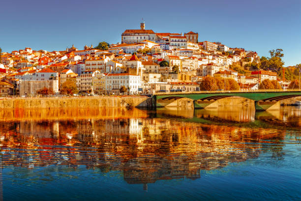 View of Coimbra from the left bank of the Mondego River. Reflection of the urban area and the University in the waters of the river. View of Coimbra University from left bank of the Mondego River. coimbra city stock pictures, royalty-free photos & images