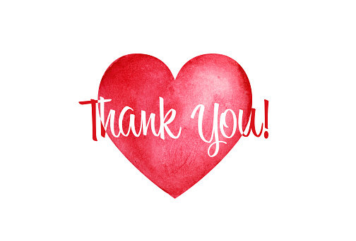 Thank you message message over red watercolor heart on white background. Horizontal composition.