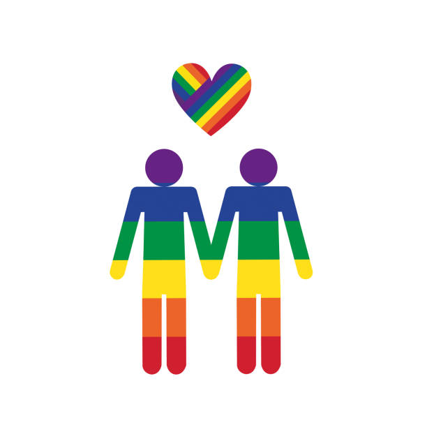 두 명의 남성 모양 사람이 손을 잡고 흰색 바탕에 무지개 색의 하트를 들고 있다 - heart shape gay pride gay pride flag lesbian stock illustrations