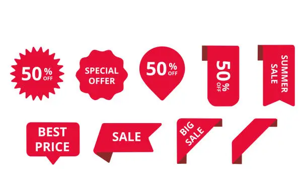 Vector illustration of Red sale and discount labels on a white background with copy space