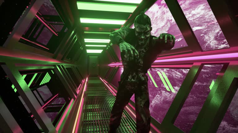 Realistic Zombie walks through the neon corridor of the spaceship. Planet Earth in the background. 3d animation.