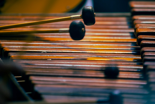 Marimba keyboard made of Hormigo wood, the national instrument of Guatemala, melodies and traditional sound.