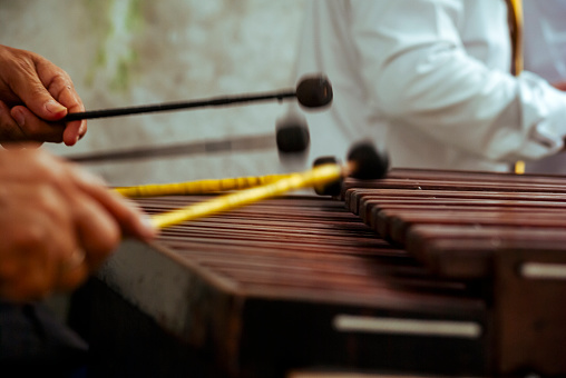 Marimba keyboard made of Hormigo wood, the national instrument of Guatemala, melodies and traditional sound.