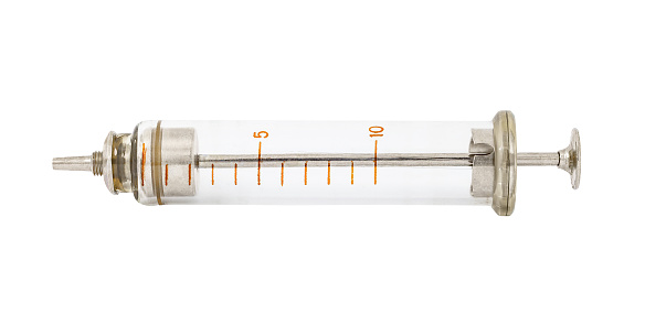 Syringe old glass with metal piston, isolated on white background with clipping path