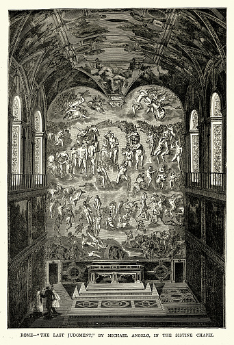 Vintage illustration of  The Last Judgement by Michelangelo in the Sistine Chapel, Renaissance art