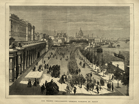 Vintage illustration of The Thames Embankment, Looking towards St Paul's, Victorian London, 1870s, 19th Century