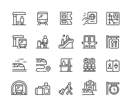 Train station line icons. Pixel perfect. Editable stroke. Vector illustration.