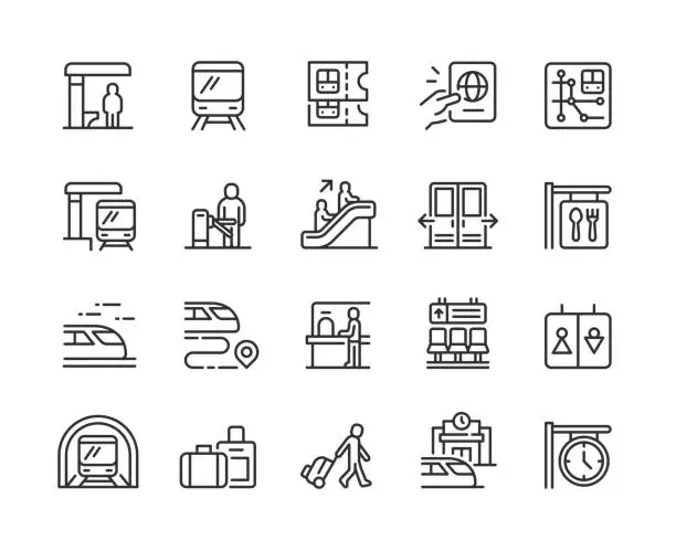 Vector illustration of Train station line icons. Pixel perfect. Editable stroke.
