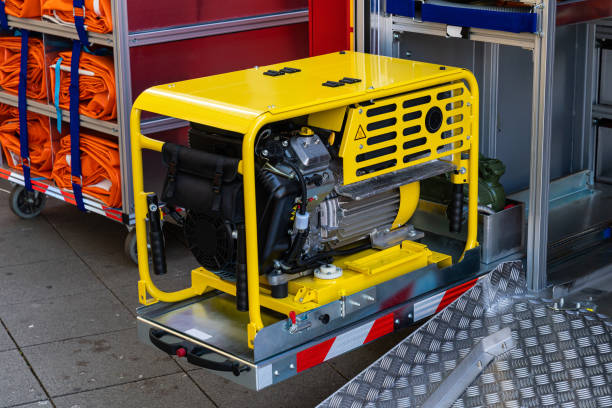 New compressor motor in a yellow metal frame on board a fire track. Closeup.
