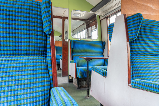 Interior of Vintage passenger carriages on the Swanage Steam Heritage Railway, Dorset, England