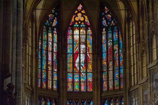 Stained glass windows in the Saint-Lô church, a 19th century Catholic church located in Bourg-Achard in Eure, Normandy.