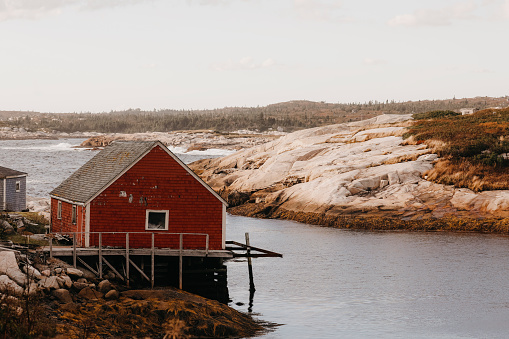 A fisherman's shack in the fishing community of Peggy's Cove during low tide, along the coast of Nova Scotia, Canada. Shot with a Canon 5D Mark IV.