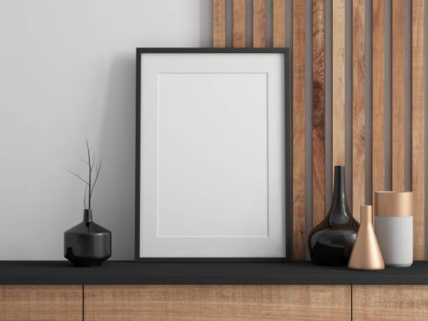 istock Vertical black Poster Art Frame Mockup with passepartout on commode, wooden wall 1498255246