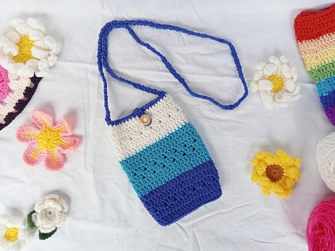 Crochet phone bag pattern tone blue background texture