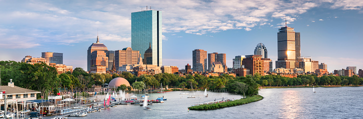 Boston Massachusetts USA downtown city skyline of the office buildings, apartments and sailing Marina along the Esplanade