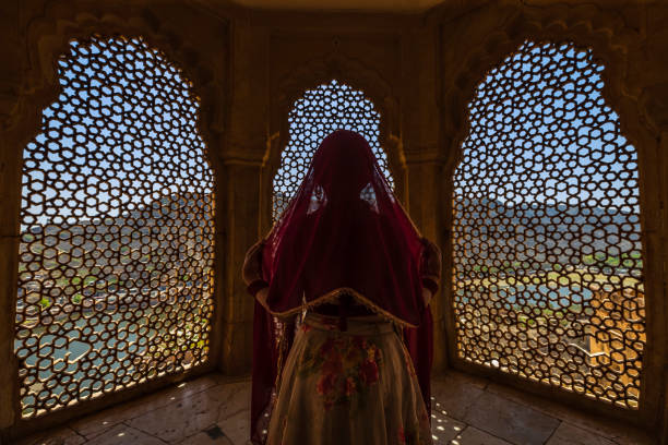 Young Indian woman, wearing sari, looking through the window, Rajasthan, India