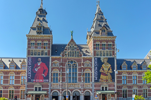 Amsterdam, Netherlands - May 15, 2018: High Society Exhibition Billboards at Rijksmuseum Dutch National Museum of Arts and History Holland.