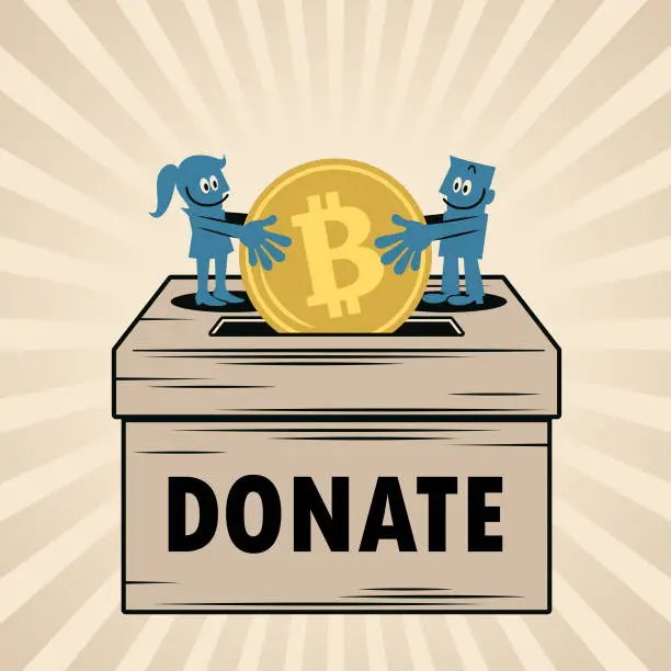 Vector illustration of The smiling woman and man are putting money into a big donation box together