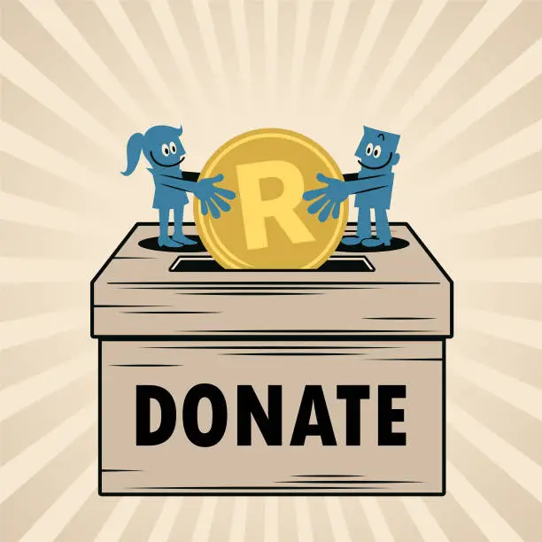 Vector illustration of The smiling woman and man are putting money into a big donation box together