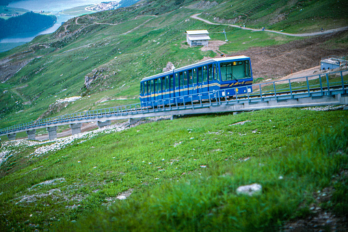 The cable car in moving. Piz Nair View, St. Moritz, Switzerland.