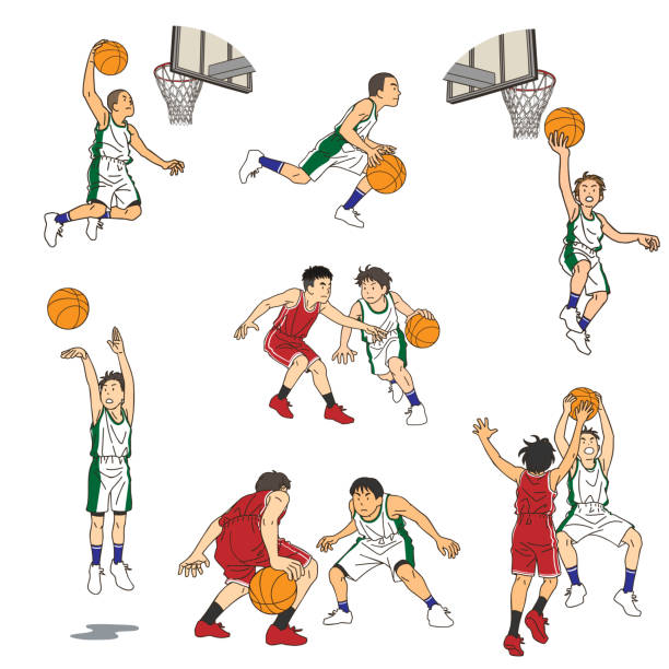 농구 선수들의 다양한 행동 - basketball basketball player slam dunk making a basket stock illustrations