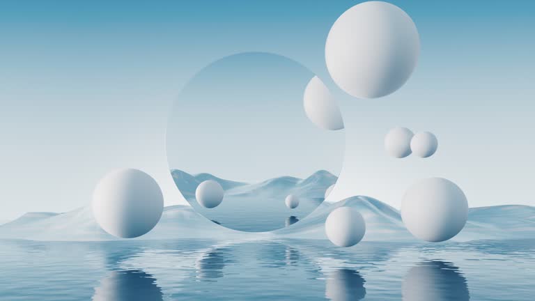 Water surface with round balls background, 3d rendering.