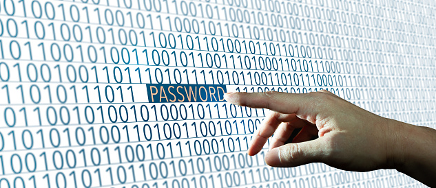 Hand on Password. Password with binary code. Cyber security and Password Hacker concept.
