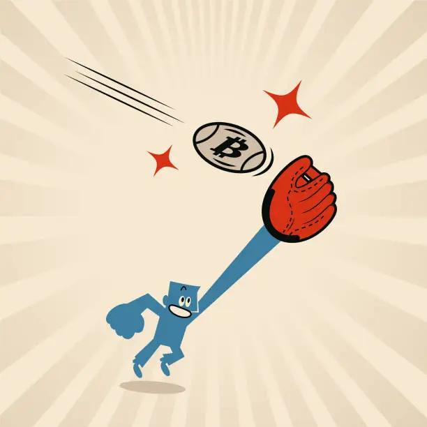 Vector illustration of A smiling blue man wearing a baseball glove is catching a baseball with a money symbol on it