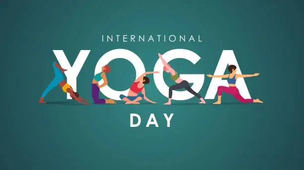 Vector illustration of 21 June International Yoga Day banner or poster with diversified women doing yoga poses on greensward. Flat cartoon in yoga or asana poses.