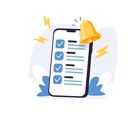 Task management todo check list with mobile phone holding hand, 3d mobile list report for exam, fast progress, level up concept, assignment and exam. Cartoon check list icon vector illustration