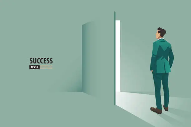 Vector illustration of Businessman opening the secret door.  Business vector concept illustration