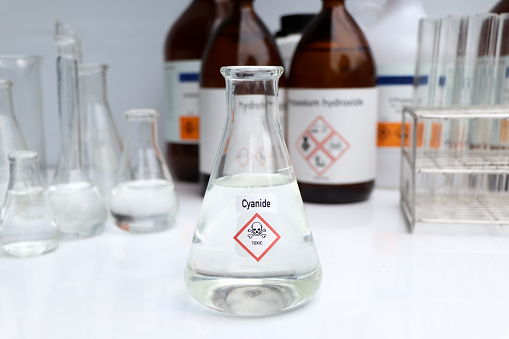 Cyanide Solution, Hazardous chemicals and symbols on containers, chemical in industry or laboratory